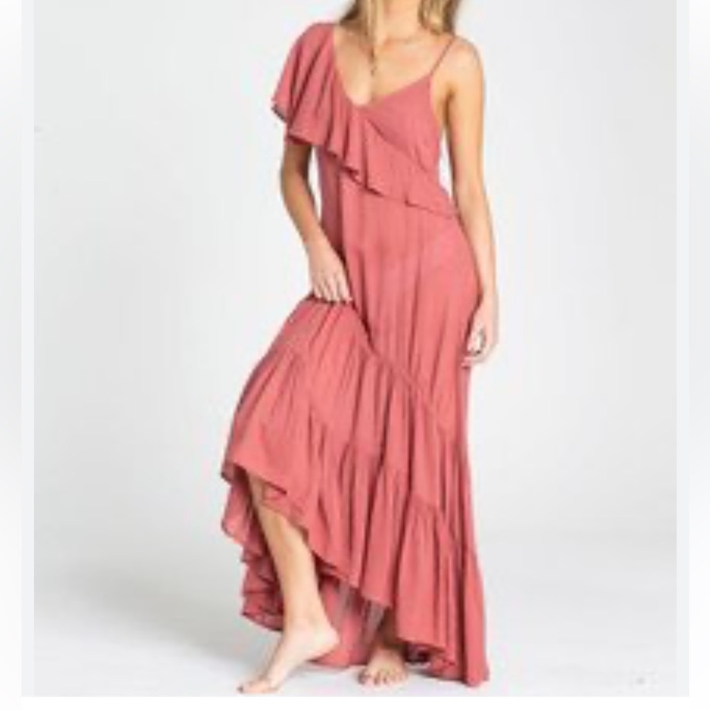 Billabong Kiss to Tell Asymmetrical Maxi Dress Small Dusty Rose Tiered Ruffle